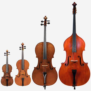 A picture of the traditional String family of instruments, including the Violin, Viola, Cello and Double Bass